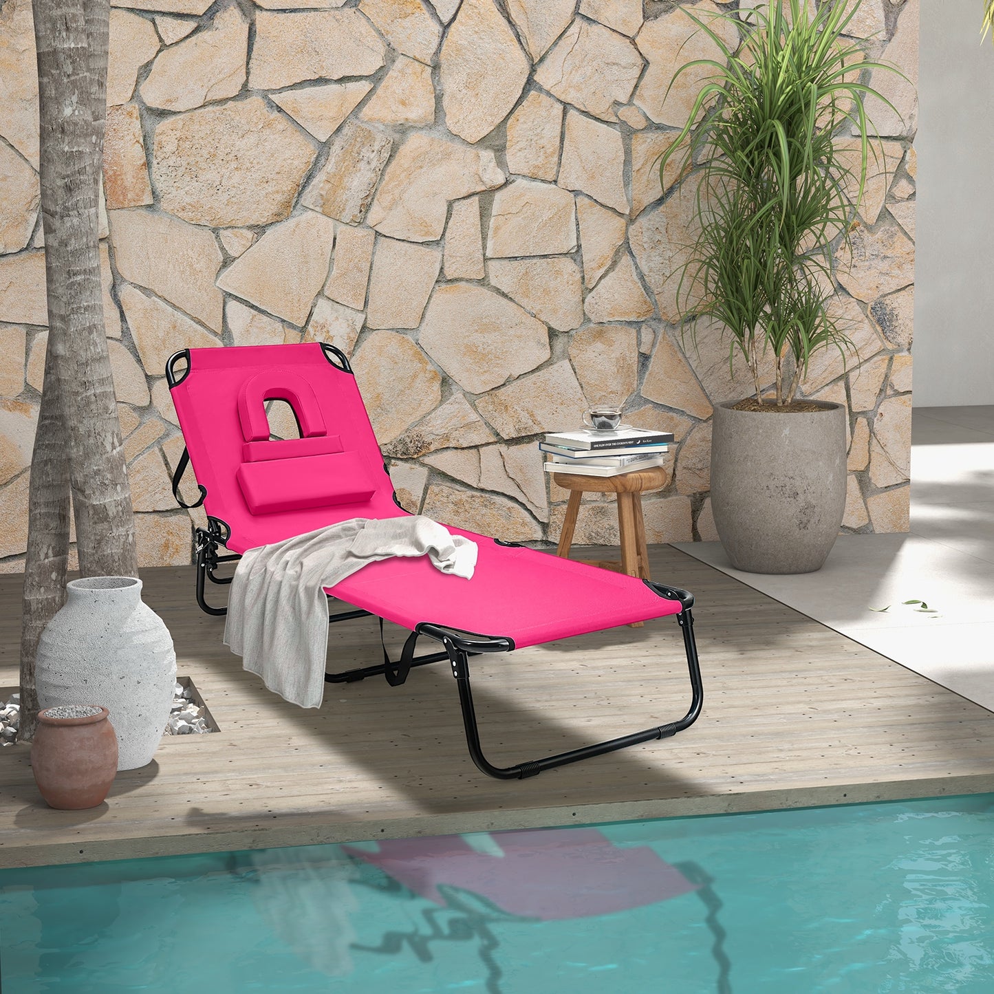 Beach Chaise Lounge Chair with Face Hole and Removable Pillow, Pink Outdoor Chaise Lounges at Gallery Canada