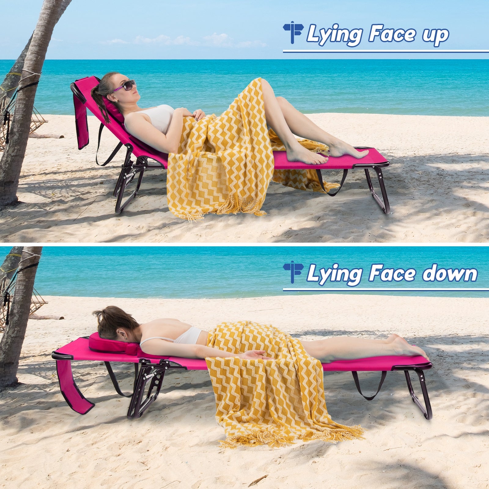 Beach Chaise Lounge Chair with Face Hole and Removable Pillow, Pink Outdoor Chaise Lounges at Gallery Canada