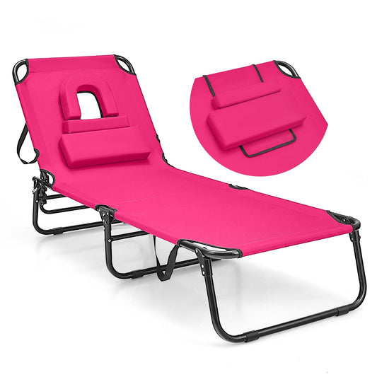 Beach Chaise Lounge Chair with Face Hole and Removable Pillow, Pink