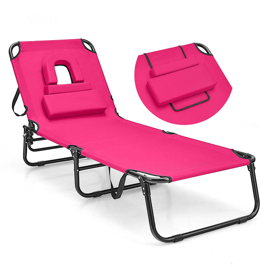 Beach Chaise Lounge Chair With Face Hole, Removable Pillow, Pink Outdoor Chaise Lounges Pink at Gallery Canada