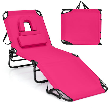 Beach Chaise Lounge Chair with Face Hole and Removable Pillow, Pink Outdoor Chaise Lounges at Gallery Canada