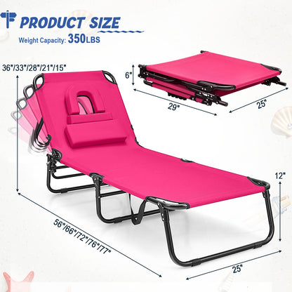Beach Chaise Lounge Chair with Face Hole and Removable Pillow, Pink Outdoor Chaise Lounges at Gallery Canada