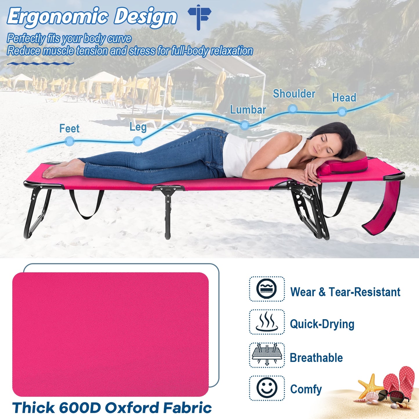 Beach Chaise Lounge Chair with Face Hole and Removable Pillow, Pink Outdoor Chaise Lounges at Gallery Canada