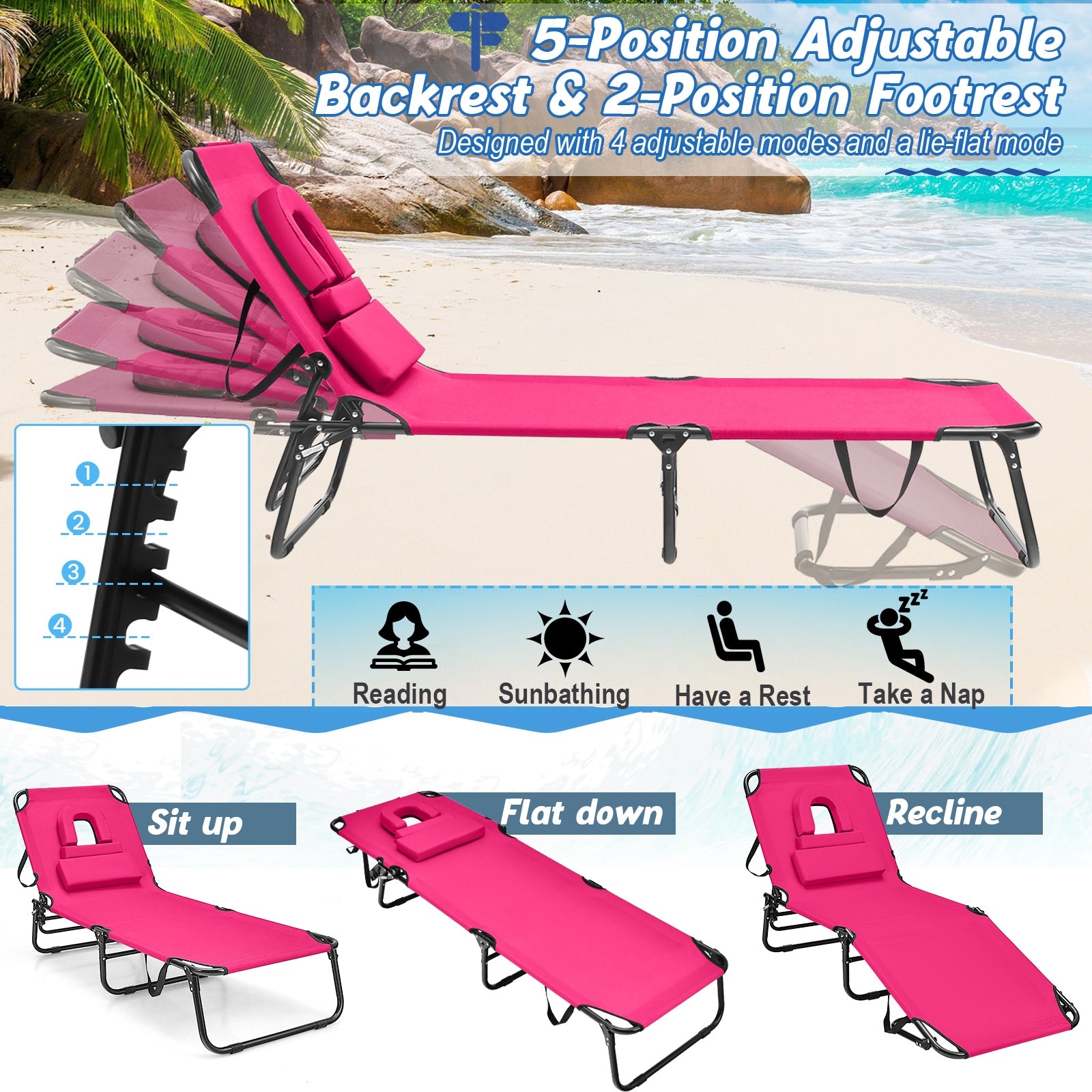 Beach Chaise Lounge Chair with Face Hole and Removable Pillow, Pink Outdoor Chaise Lounges at Gallery Canada