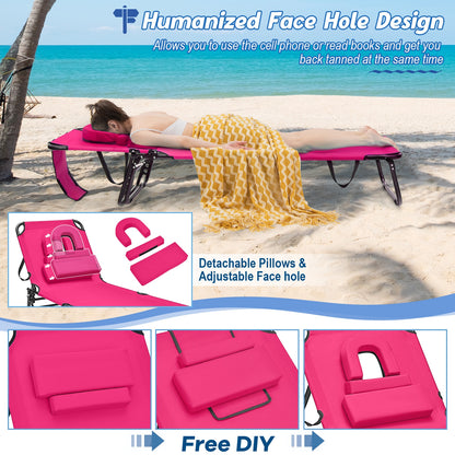 Beach Chaise Lounge Chair with Face Hole and Removable Pillow, Pink Outdoor Chaise Lounges at Gallery Canada