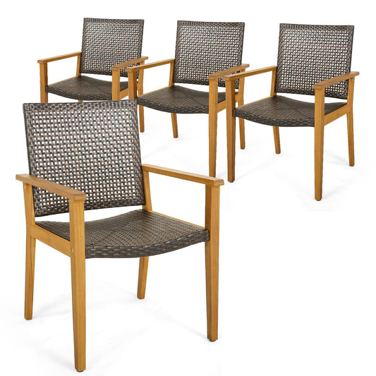 Set of 4 Outdoor Rattan Chair with Sturdy Acacia Wood Frame-Set of 4, Gray - Gallery Canada