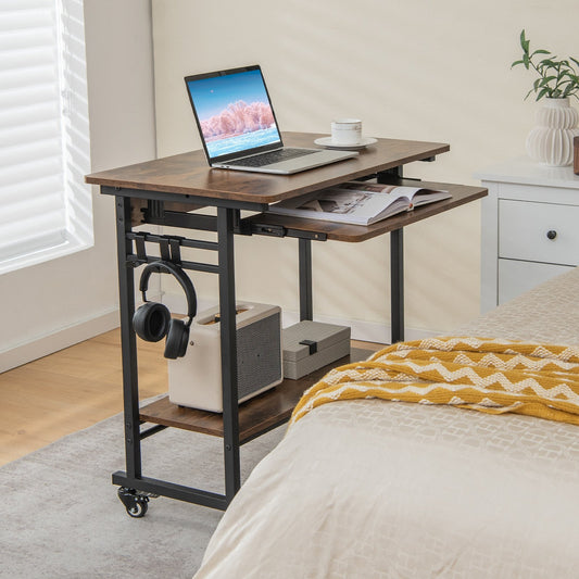 Rolling Laptop Table with Pull-out Keyboard Tray and Hooks, Rustic Brown - Gallery Canada
