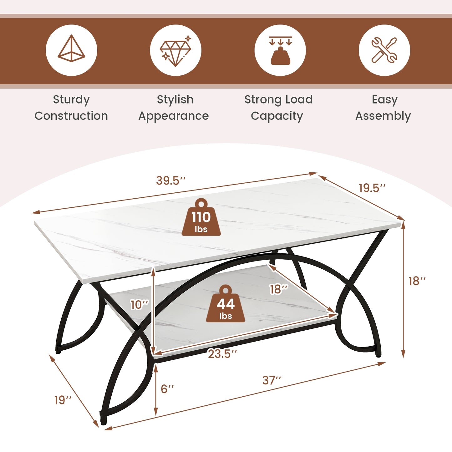 2-Tier Faux Marble Coffee Table, Metal Frame, Black & White Coffee Tables at Gallery Canada