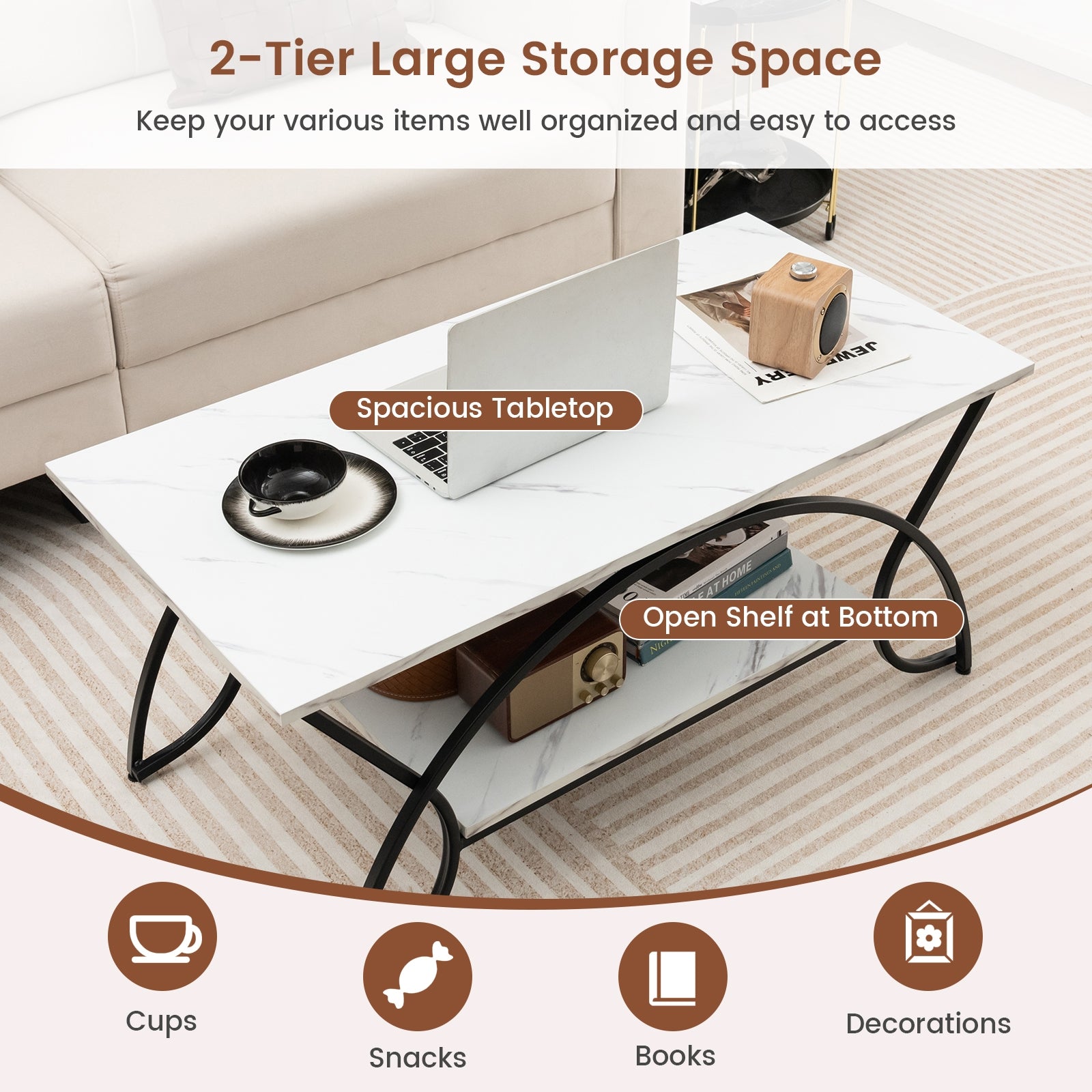 2-Tier Faux Marble Coffee Table, Metal Frame, Black & White Coffee Tables at Gallery Canada