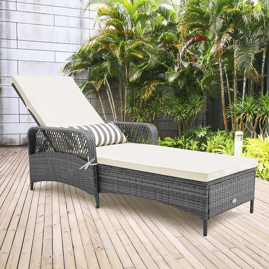 Outdoor Chaise Lounge Chair Recliner with 6-Level Backrest Cushion and Pillow, Gray - Gallery Canada