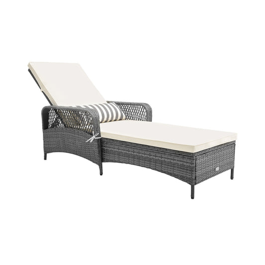 Outdoor Chaise Lounge Chair Recliner with 6-Level Backrest Cushion and Pillow, Gray - Gallery Canada
