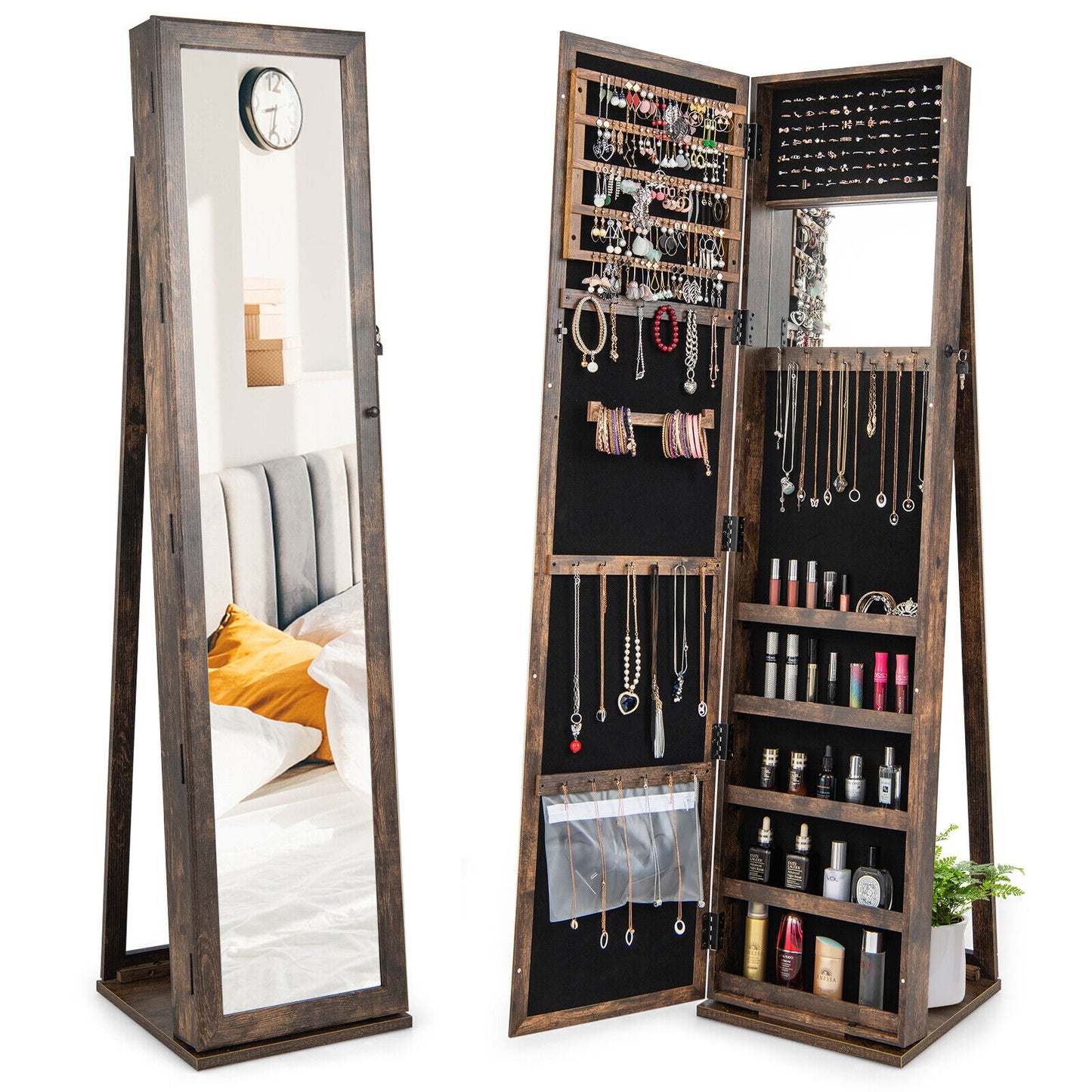 Standing Lockable Jewelry Storage Organizer with Full-Length Mirror, Brown Jewelry Armoires Brown at Gallery Canada