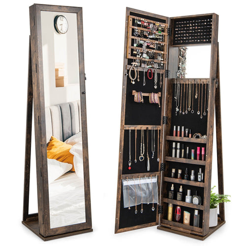 Standing Lockable Jewelry Storage Organizer with Full-Length Mirror, Brown