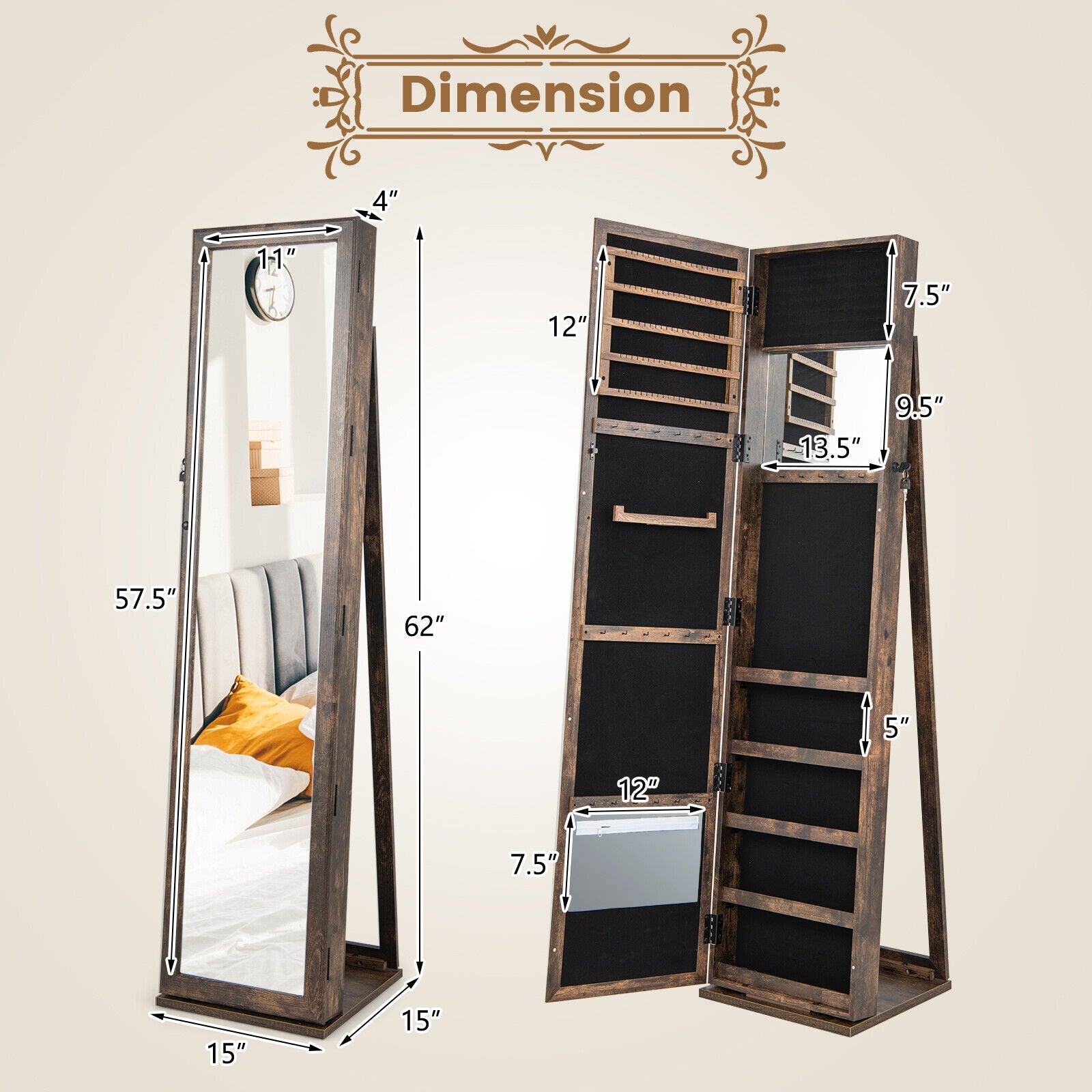 Lockable Jewelry Storage Organizer With Full-Length Mirror, Brown Jewelry Armoires at Gallery Canada