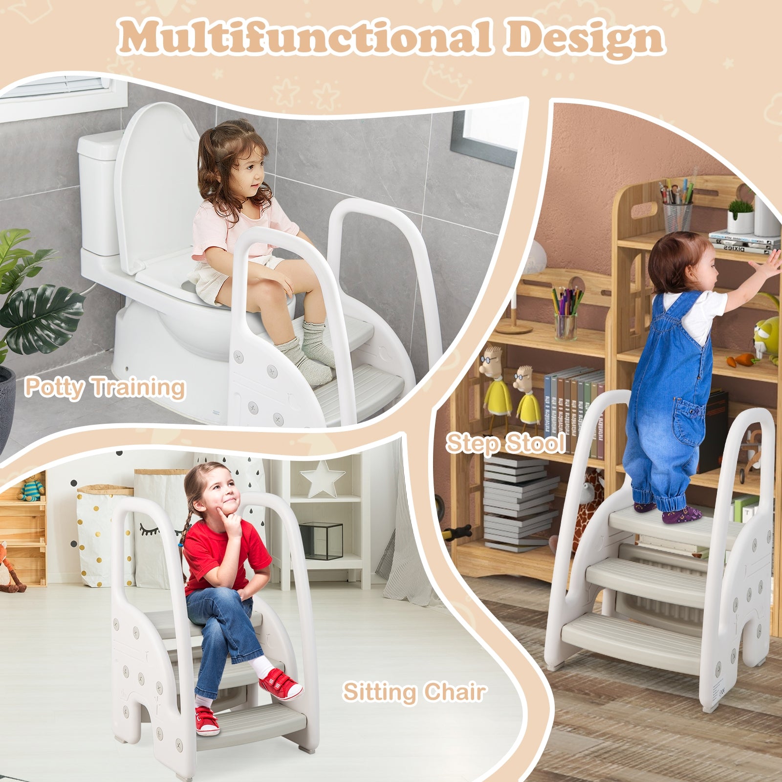 3-Step Stool with Safety Handles and Non-slip Pedals for Toddlers, Gray Toddler & Kids Furniture at Gallery Canada