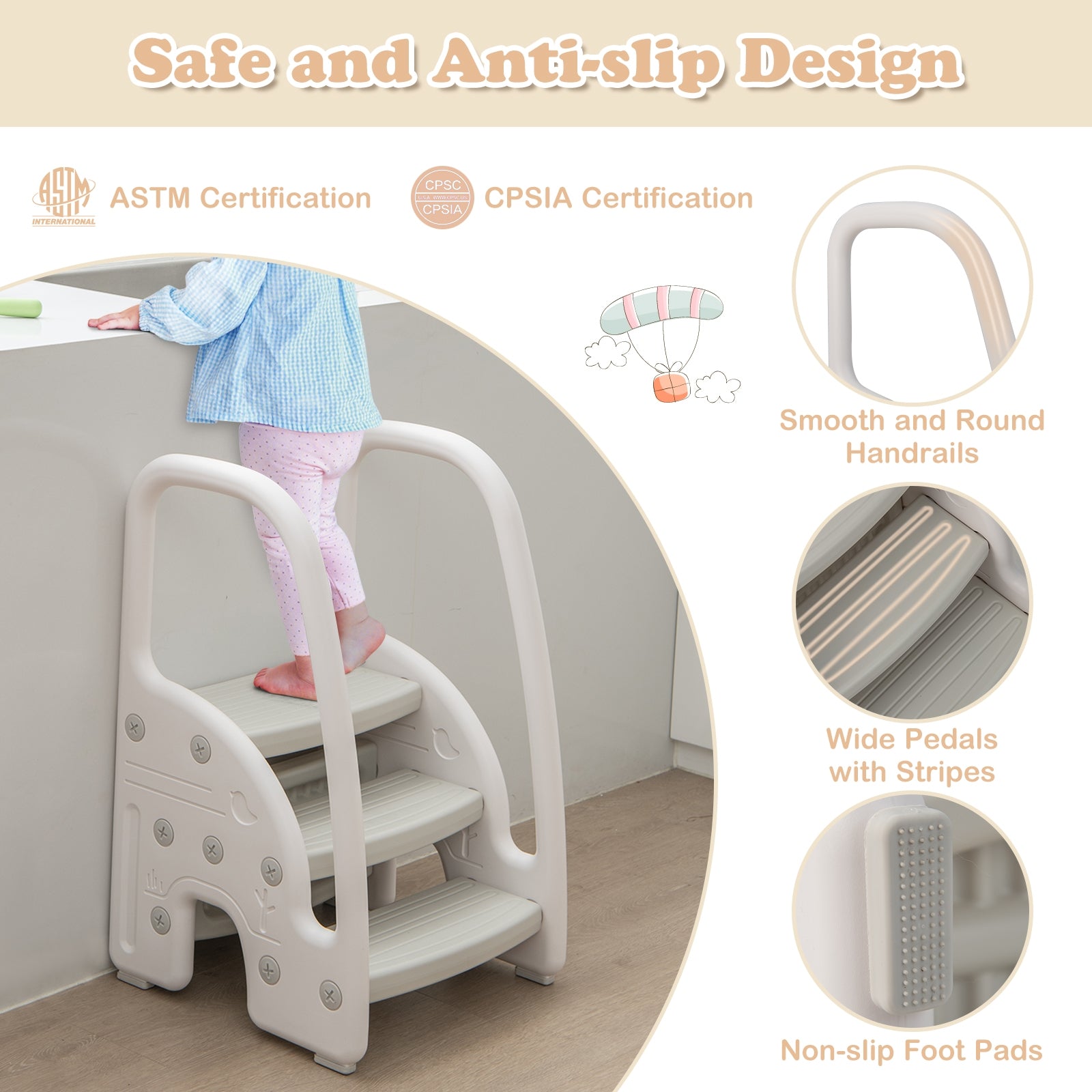 3-Step Stool with Safety Handles and Non-slip Pedals for Toddlers, Gray Toddler & Kids Furniture at Gallery Canada
