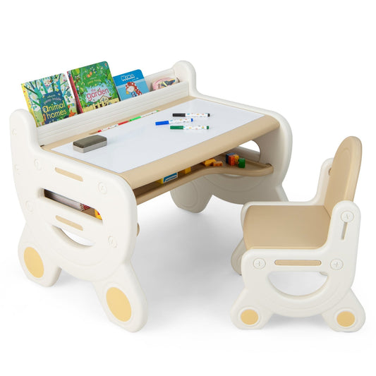 Kids Drawing Table and Chair Set with Watercolor Pens and Blackboard Eraser, Brown