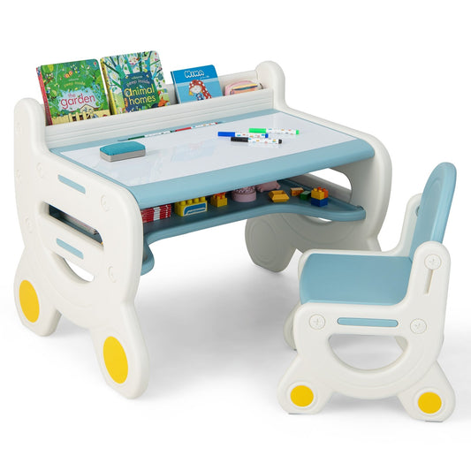 Kids Drawing Table and Chair Set with Watercolor Pens and Blackboard Eraser, Blue - Gallery Canada