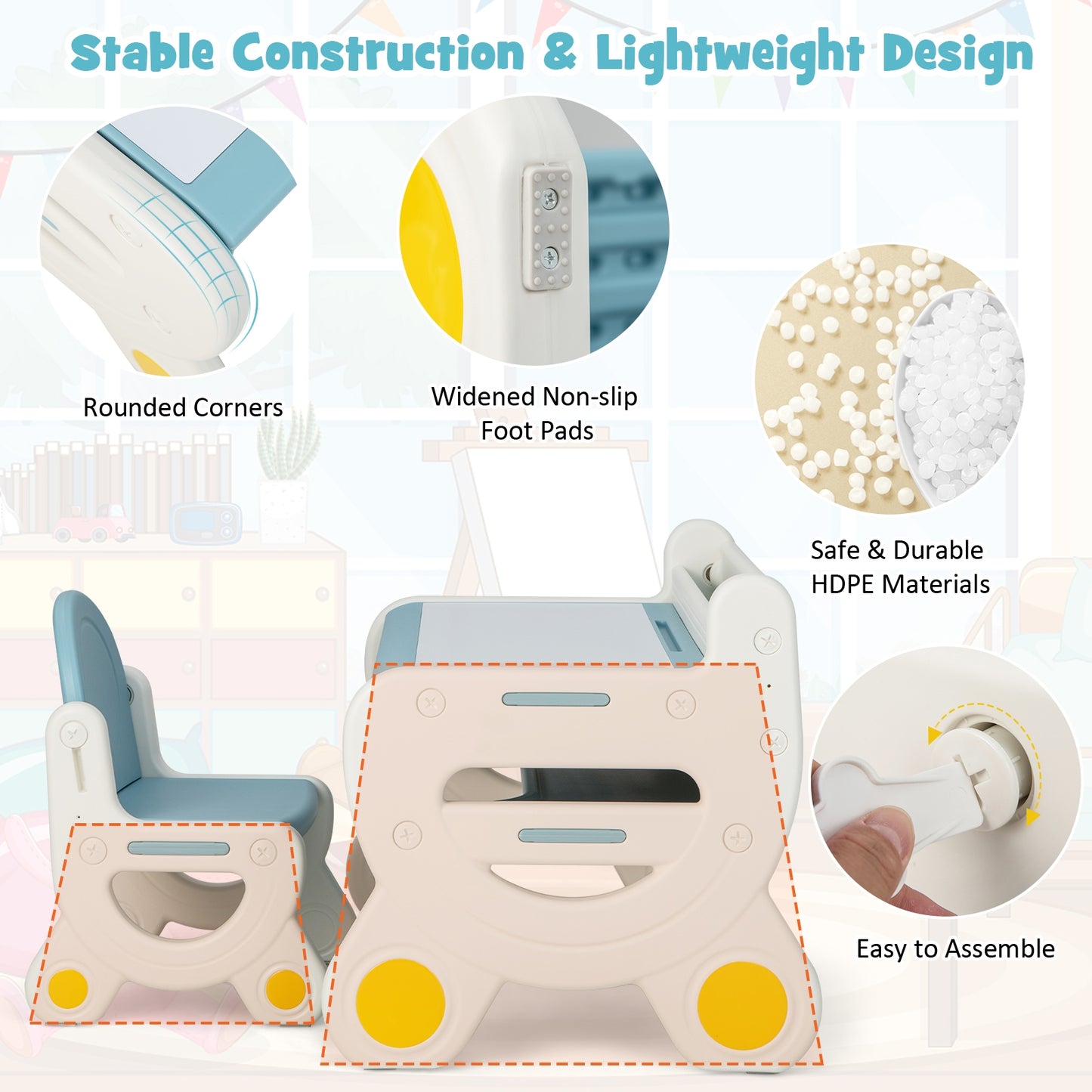 Kids Drawing Table and Chair Set with Watercolor Pens and Blackboard Eraser, Blue Kids Table & Chair Sets at Gallery Canada