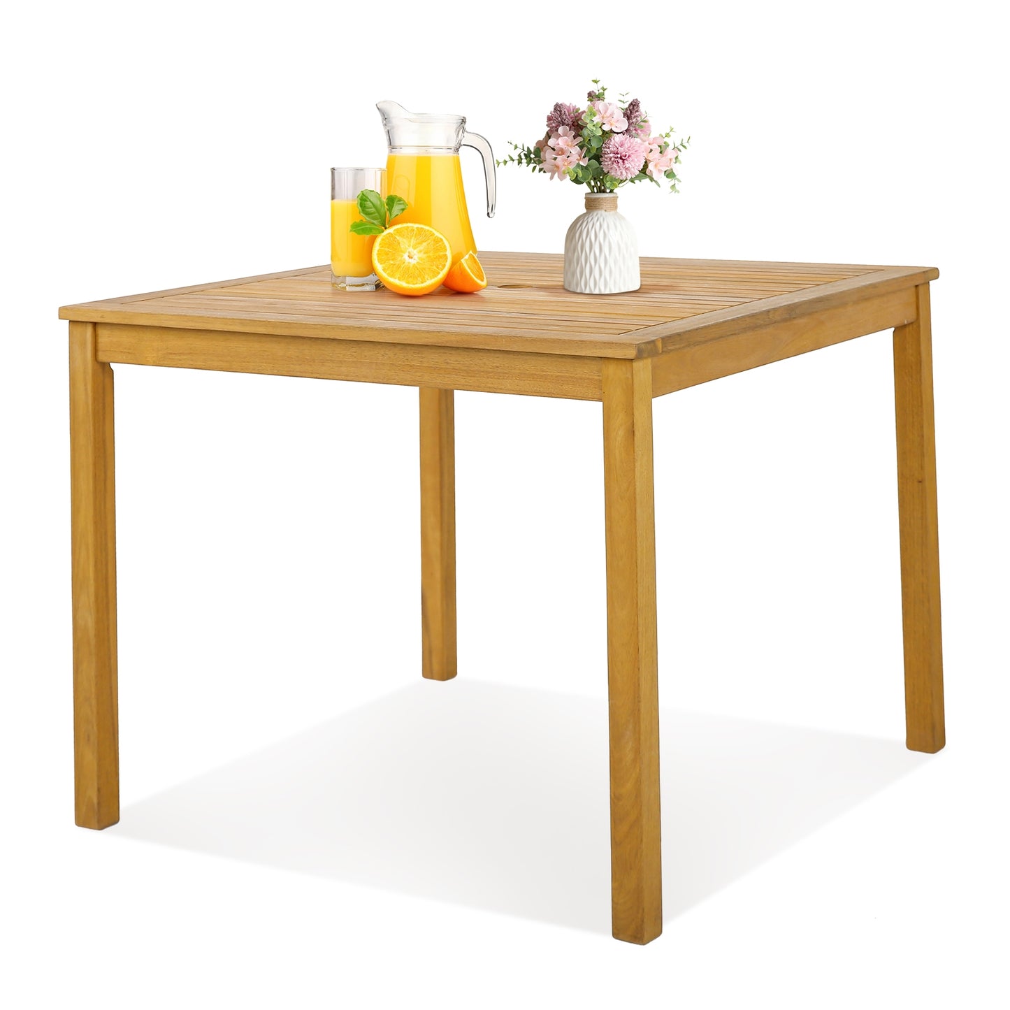Square Acacia Wood Outdoor Dining Table, With Umbrella Hole, Natural Patio Dining Tables Natural at Gallery Canada