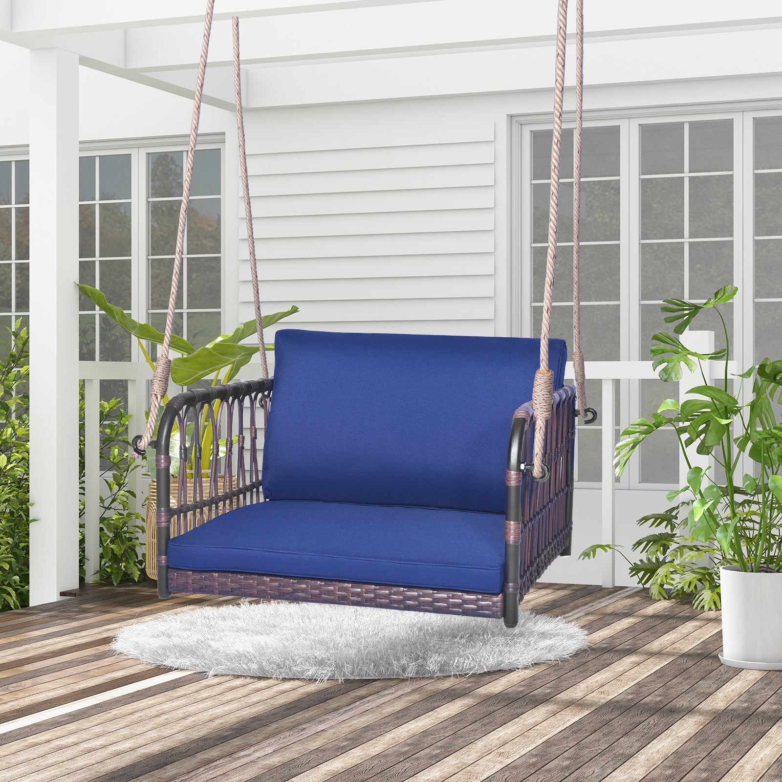 Single Person Hanging Seat with Seat and Back Cushions, Navy Patio Rocking Chairs & Gliders at Gallery Canada