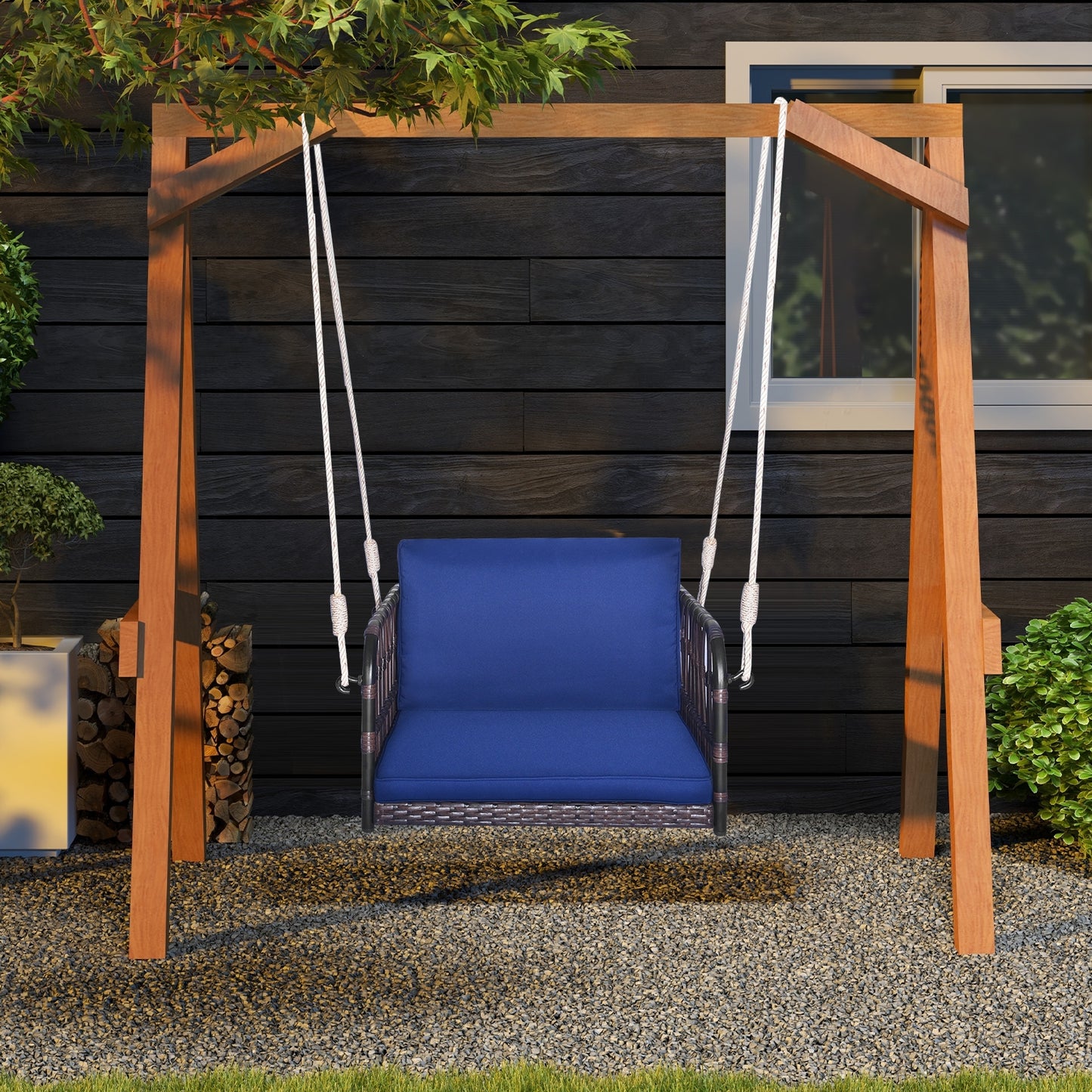 Single Person Hanging Seat with Seat and Back Cushions, Navy Patio Rocking Chairs & Gliders at Gallery Canada