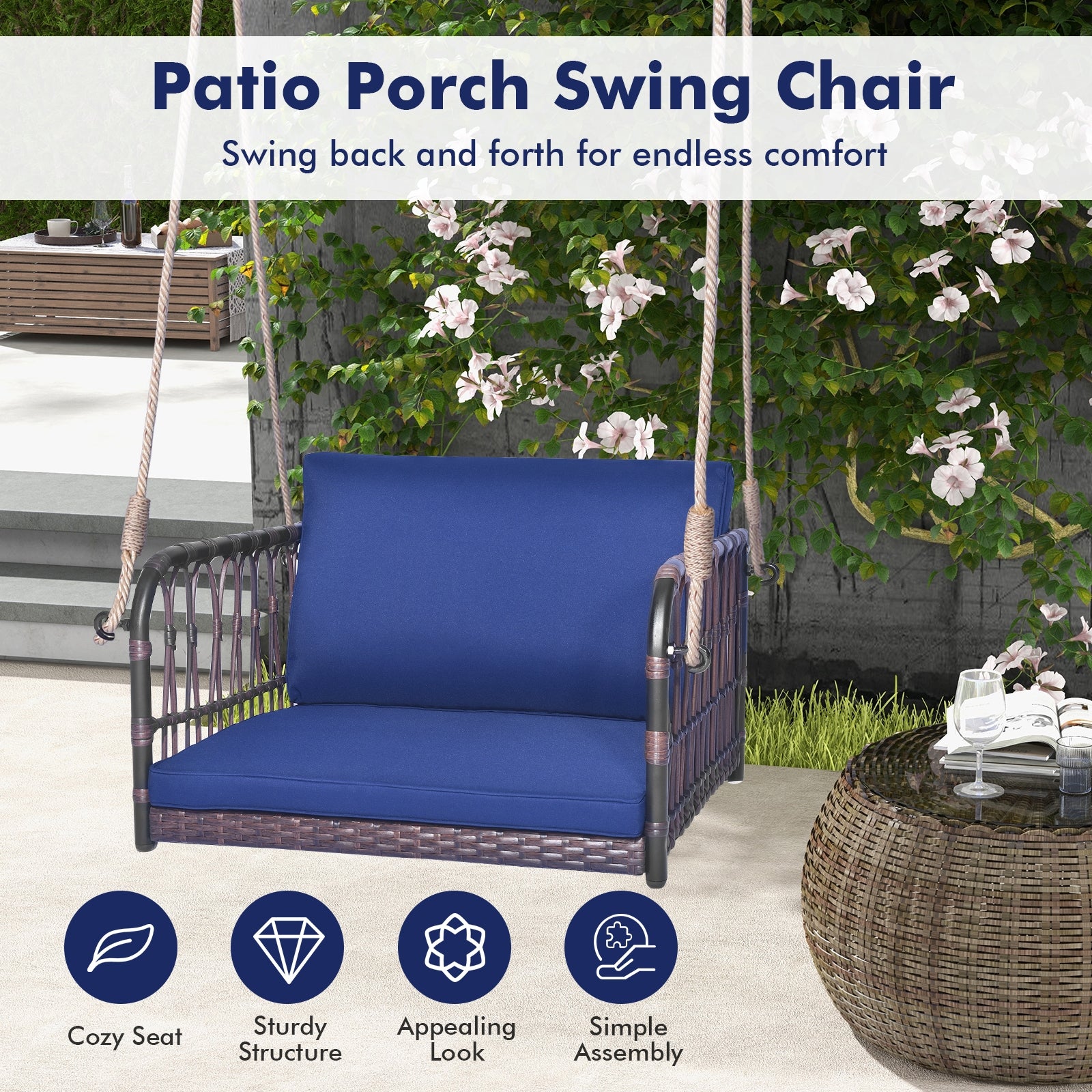 Single Person Hanging Seat with Seat and Back Cushions, Navy Patio Rocking Chairs & Gliders at Gallery Canada