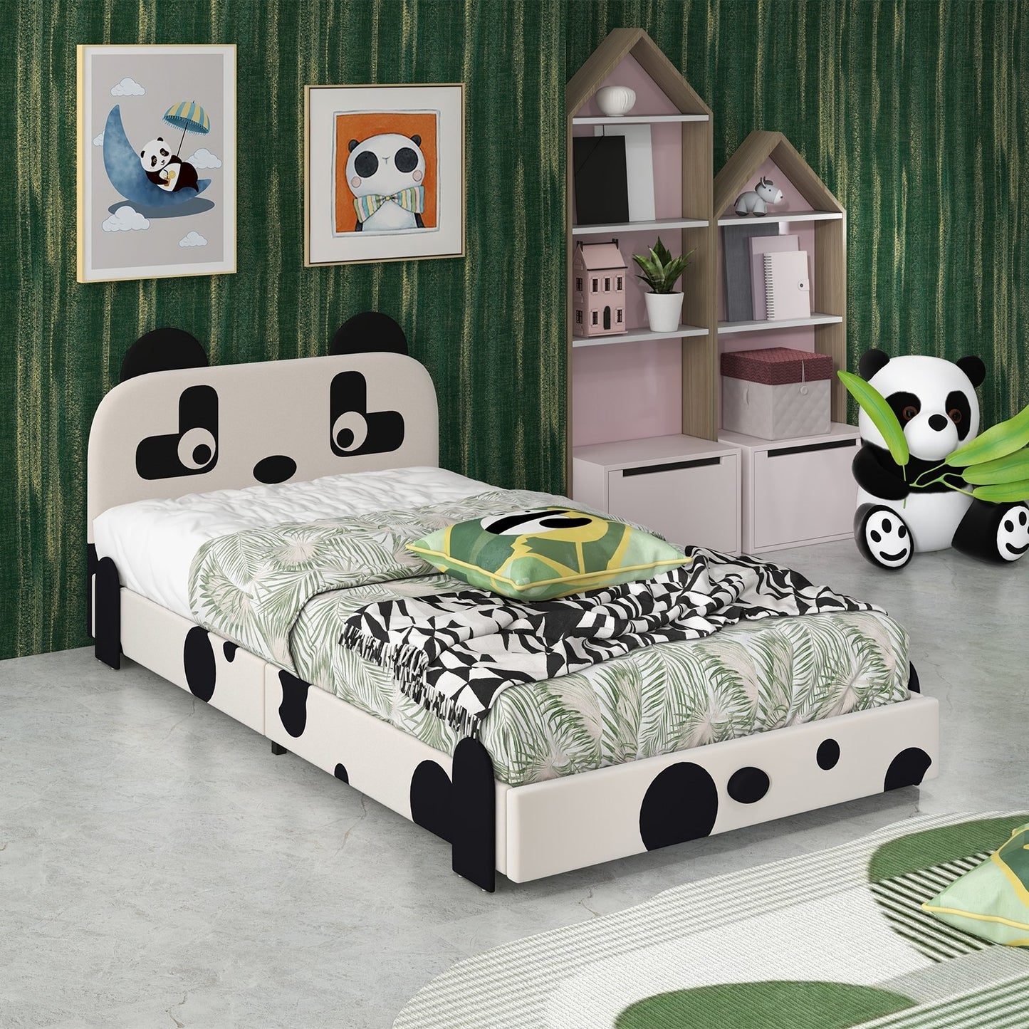 Twin Size Kids Bed with Cute Panda Headboard, Black & White