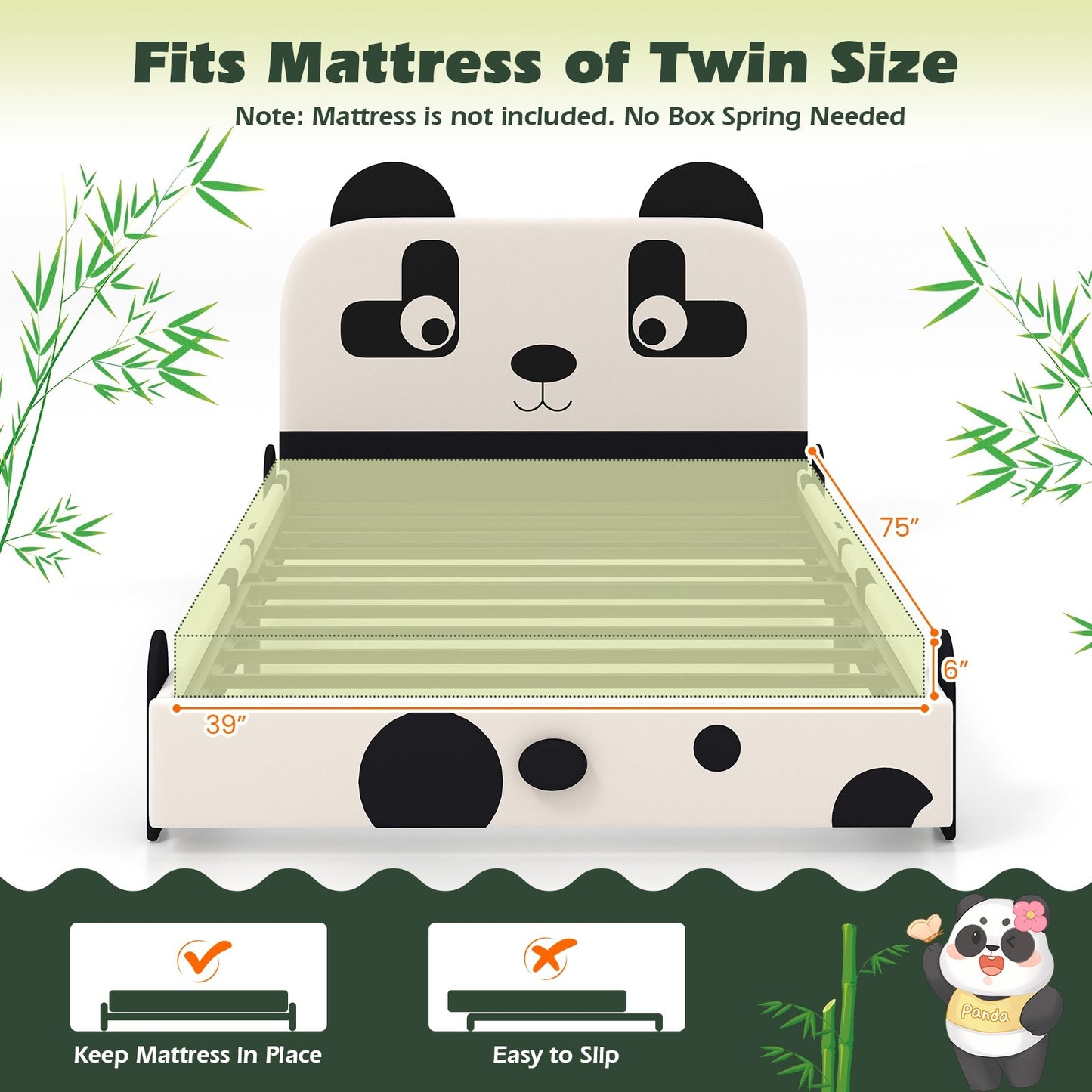 Twin Size Kids Bed with Cute Panda Headboard, Black & White - Gallery Canada