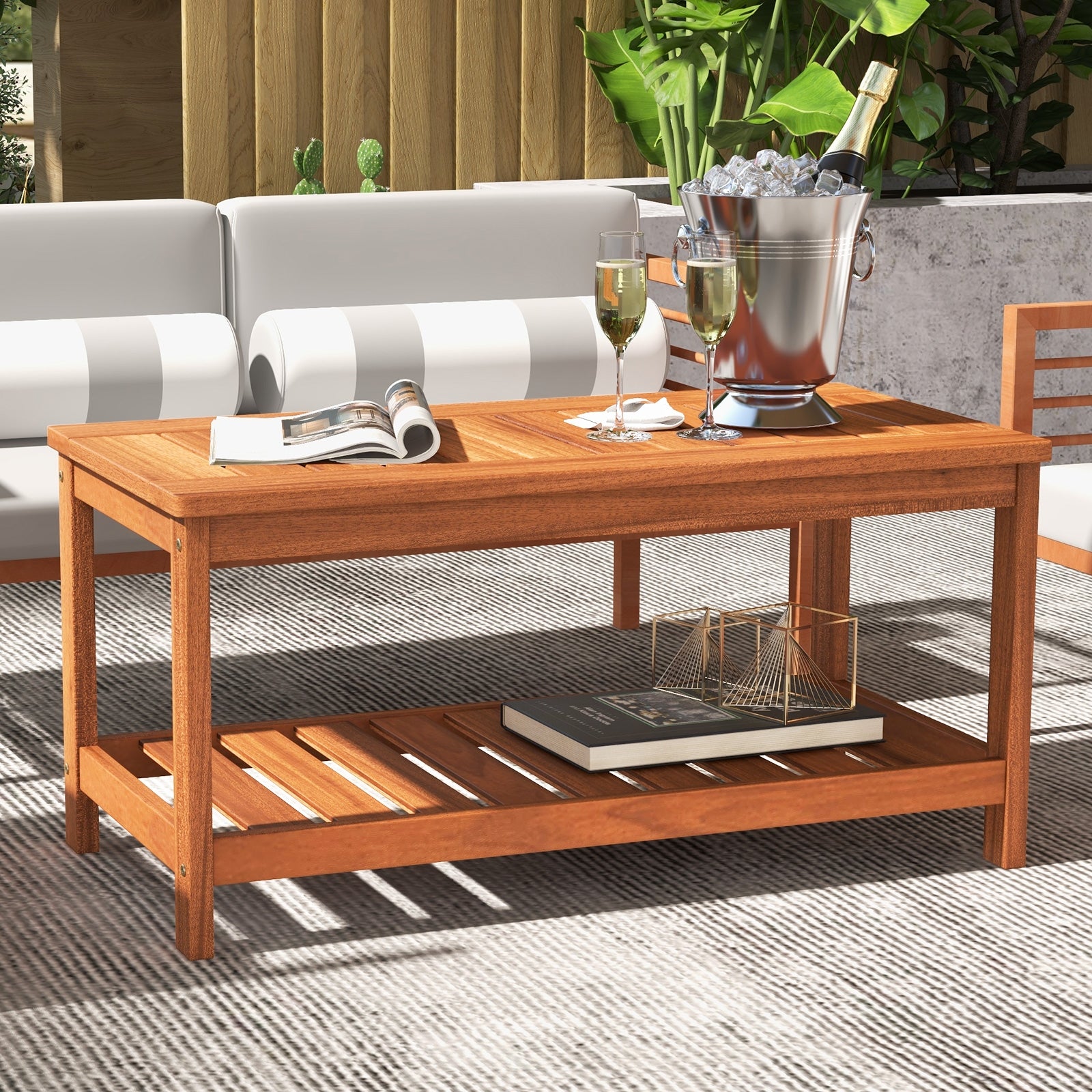 2-Tier Patio Coffee Table with Slatted Tabletop and Shelf, Natural Patio Coffee Tables at Gallery Canada