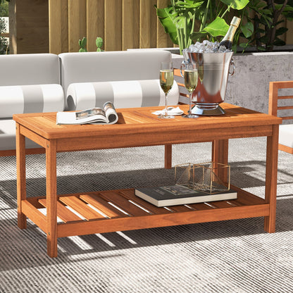 2-Tier Patio Coffee Table with Slatted Tabletop and Shelf, Natural Patio Coffee Tables at Gallery Canada