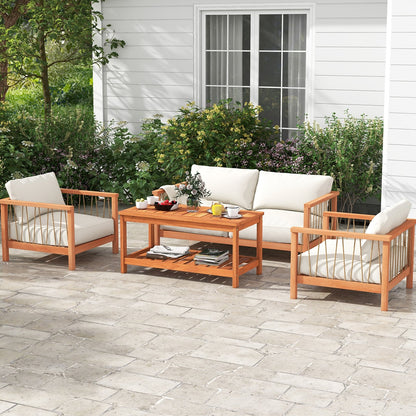 2-Tier Patio Coffee Table with Slatted Tabletop and Shelf, Natural Patio Coffee Tables at Gallery Canada