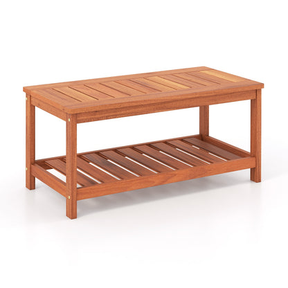 2-Tier Patio Coffee Table with Slatted Tabletop and Shelf, Natural Patio Coffee Tables Natural at Gallery Canada