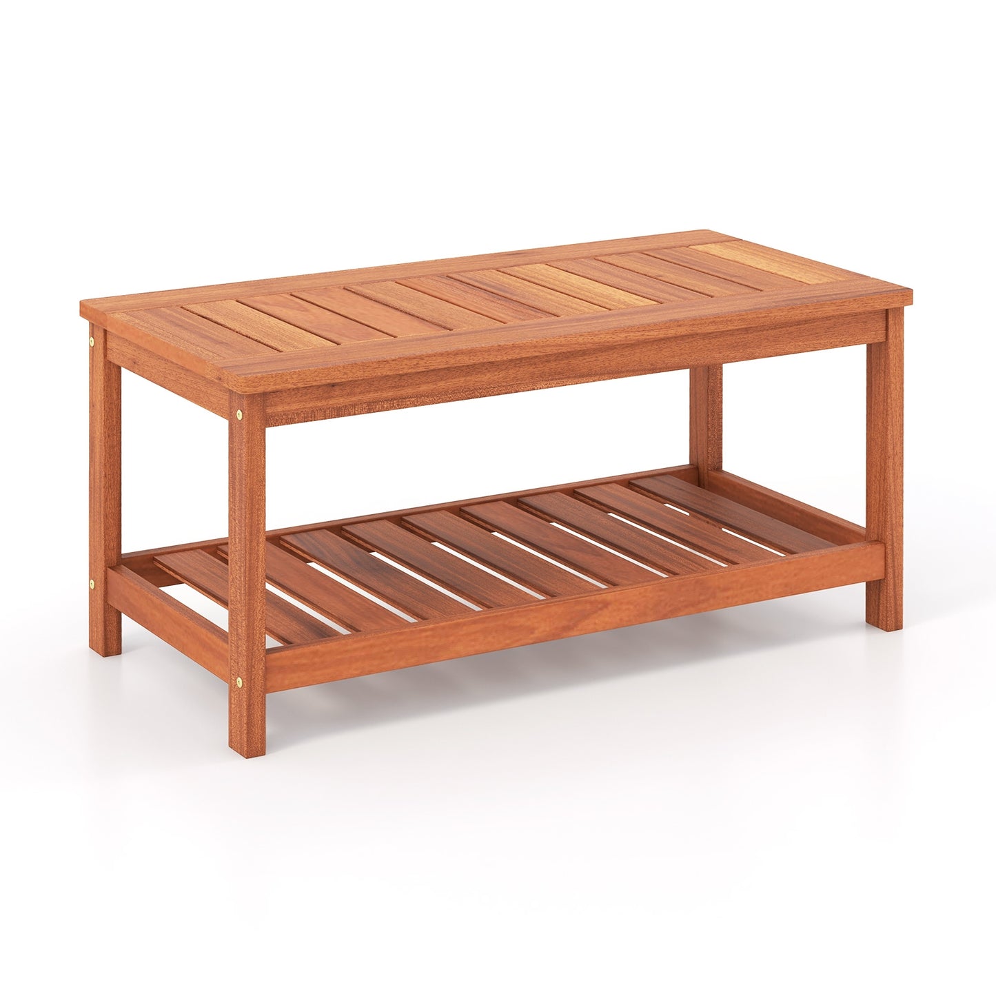 2-Tier Patio Coffee Table with Slatted Tabletop and Shelf, Natural Patio Coffee Tables at Gallery Canada