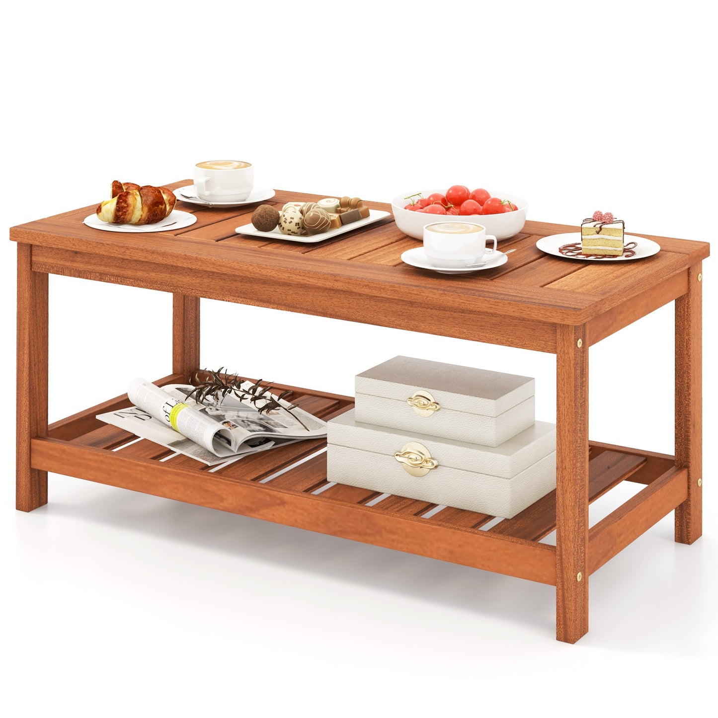 2-Tier Patio Coffee Table with Slatted Tabletop and Shelf, Natural Patio Coffee Tables at Gallery Canada