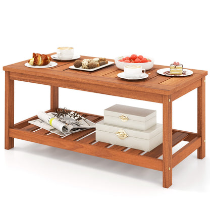 2-Tier Patio Coffee Table with Slatted Tabletop and Shelf, Natural Patio Coffee Tables at Gallery Canada