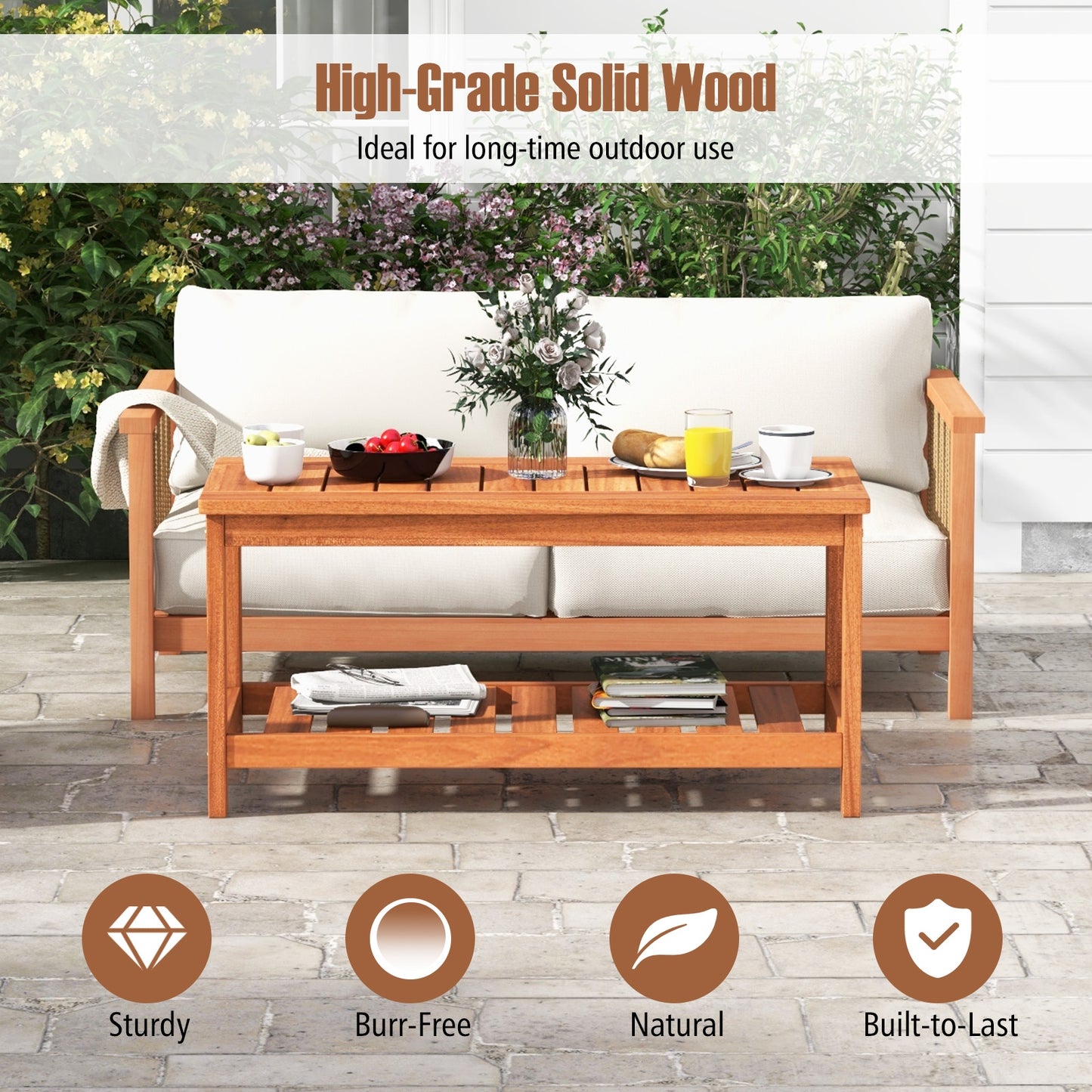 2-Tier Patio Coffee Table with Slatted Tabletop and Shelf, Natural Patio Coffee Tables at Gallery Canada