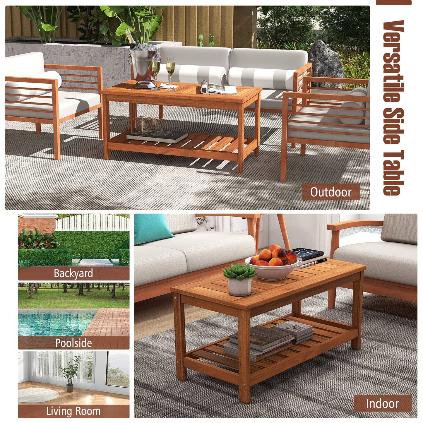 2-Tier Patio Coffee Table with Slatted Tabletop and Shelf, Natural Patio Coffee Tables at Gallery Canada