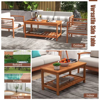 2-Tier Patio Coffee Table with Slatted Tabletop and Shelf, Natural Patio Coffee Tables at Gallery Canada