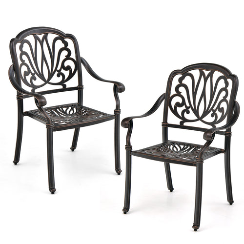 2 Patio Cast Aluminum Dining Chairs, Armrests, Bronze