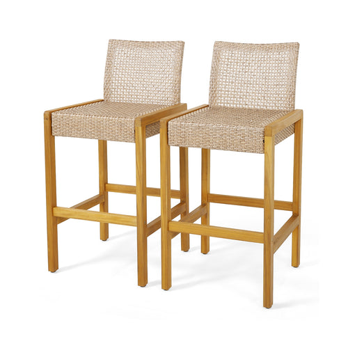 Rattan Patio Barstools, Set of 2, With Backrest, Light Brown