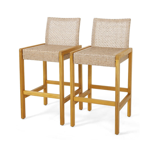 Set of 2 Rattan Patio Wood Barstools Dining Chairs with Backrest-Set of 2, Light Brown - Gallery Canada