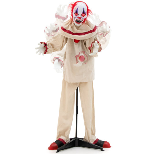 5 FT Grins Animatronic Killer Clown Halloween Decoration with Glowing Red Eyes, Beige