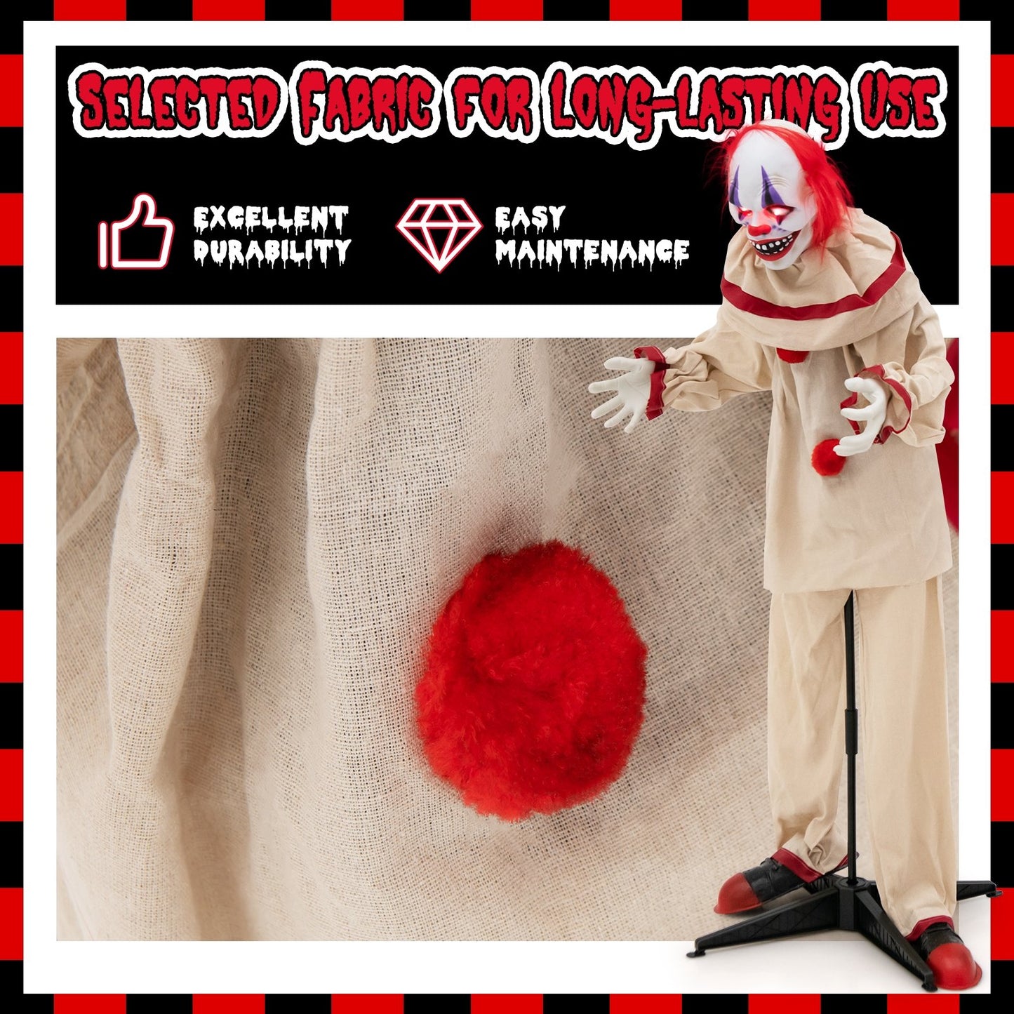 5 FT Grins Animatronic Killer Clown Halloween Decoration with Glowing Red Eyes, Beige