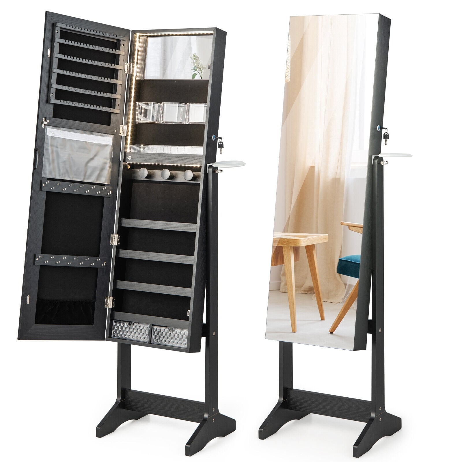 Freestanding Jewelry Cabinet, Full Length Mirror, Black Jewelry Armoires Black at Gallery Canada