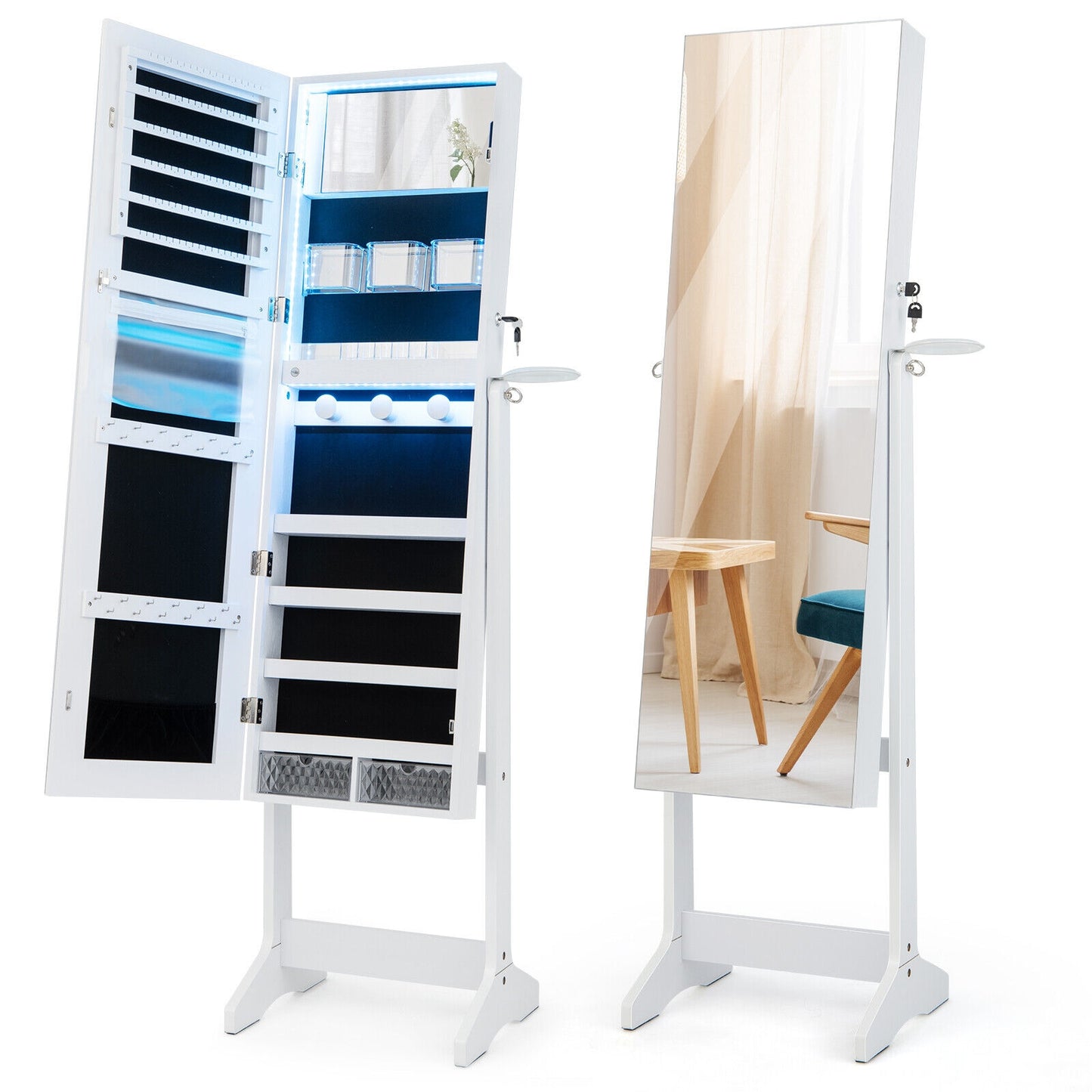 Freestanding Jewelry Cabinet, Full Length Mirror, LED Lights, White Jewelry Armoires at Gallery Canada