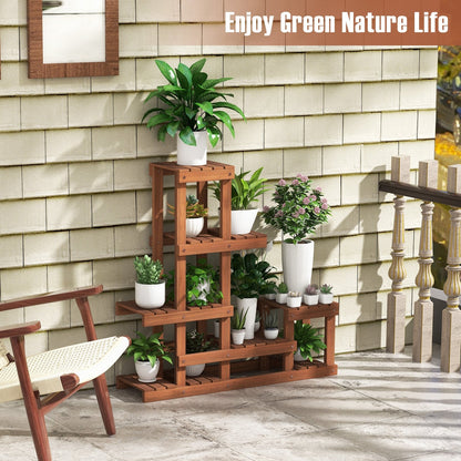 6 Tier Wood Plant Stand with High Low Structure, Brown