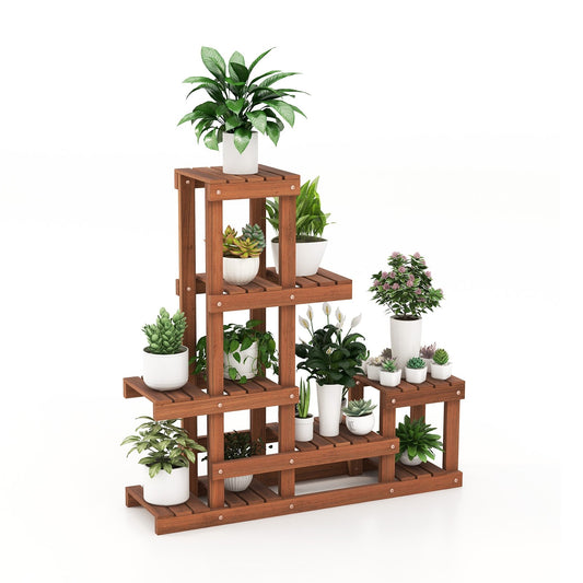 6 Tier Wood Plant Stand with High Low Structure, Brown - Gallery Canada