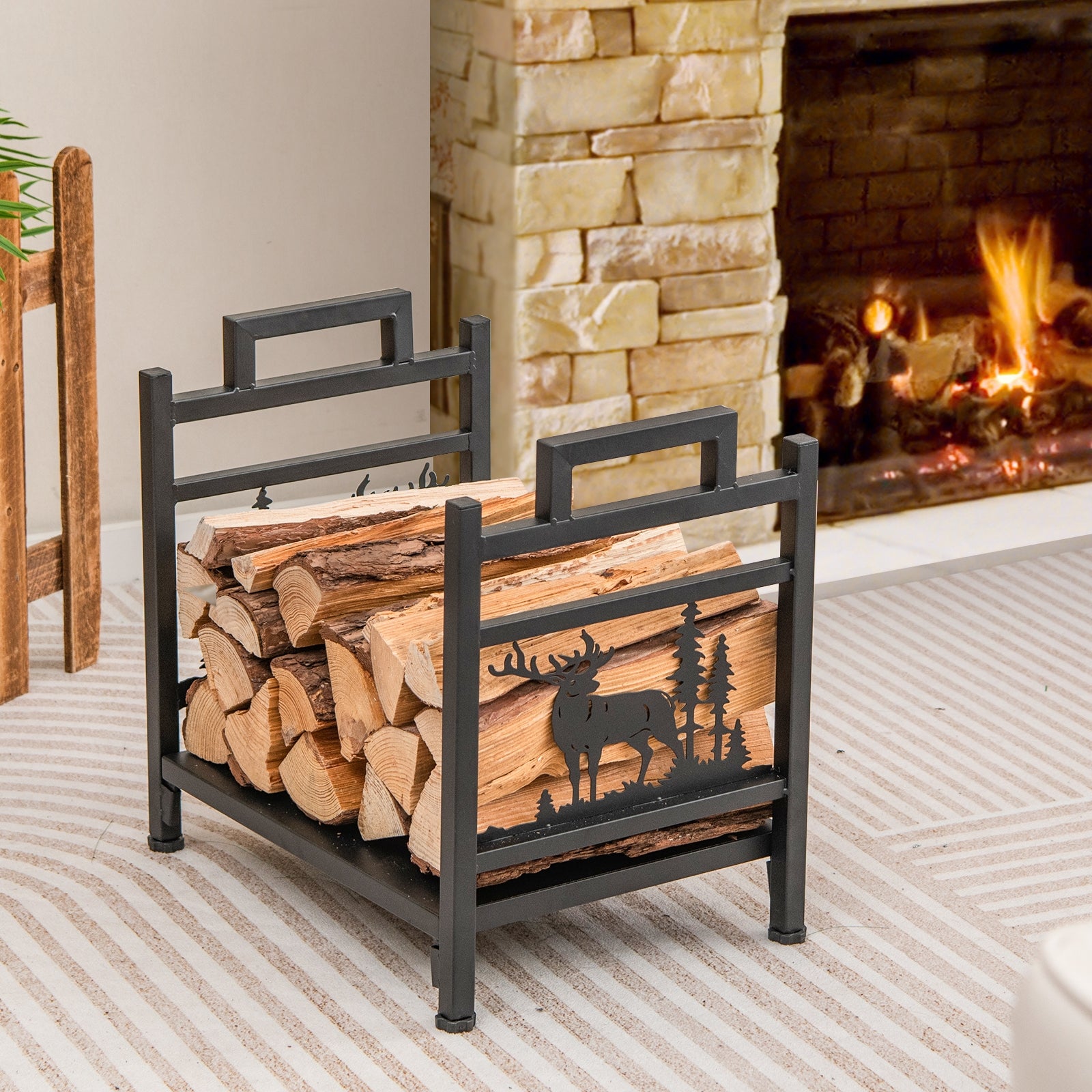 18.5 Inch Metal Firewood Rack, Dual Handles, Black Log Storage at Gallery Canada