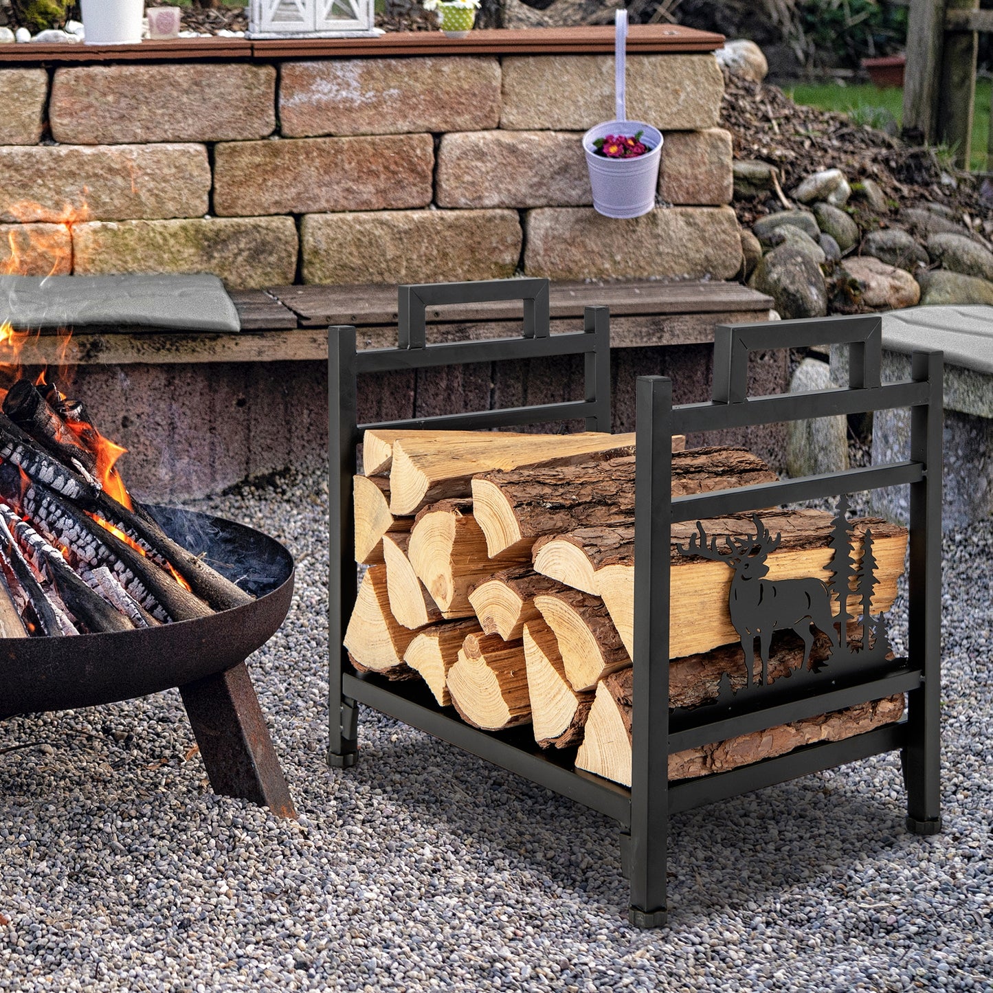 18.5 Inch Metal Firewood Rack, Dual Handles, Black Log Storage at Gallery Canada
